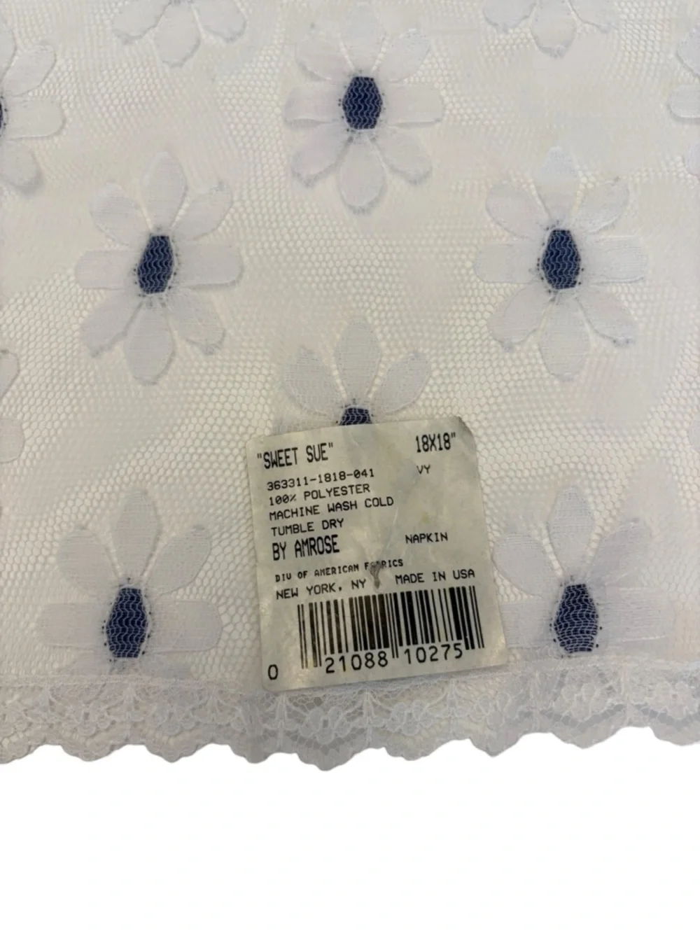 Vintage Amrose NY Sweet Sue Blue Flower Embroidery‎ White Lace Napkins 18x18 NEW